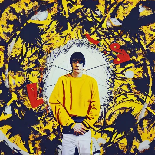 Prompt: stone roses album cover with ian brown holding hand out perspective by santiago calatrava