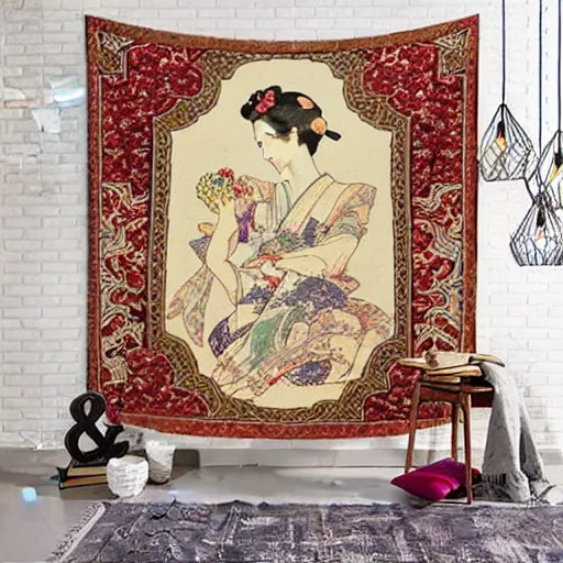 Image similar to Japanese style simple and elegant floral tapestry, Persian carpet, soft colors, by mucha