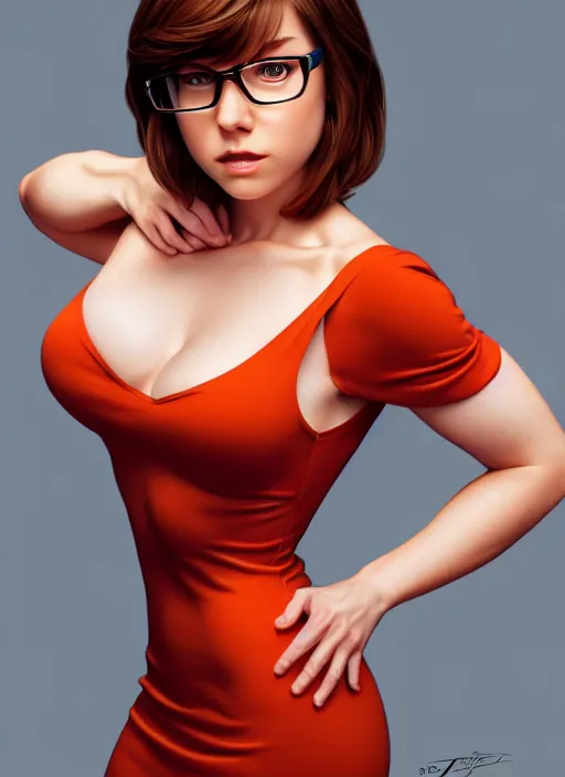 Prompt: photo of velma, professionally retouched, soft lighting, realistic, smooth face, full body shot, torso, dress, perfect eyes, sharp focus on eyes, 8 k, high definition, insanely detailed, intricate, elegant, art by artgerm and j scott campbell