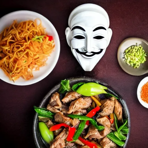 Image similar to anonymous with face on stirfry pork, cinematic dramatic composition