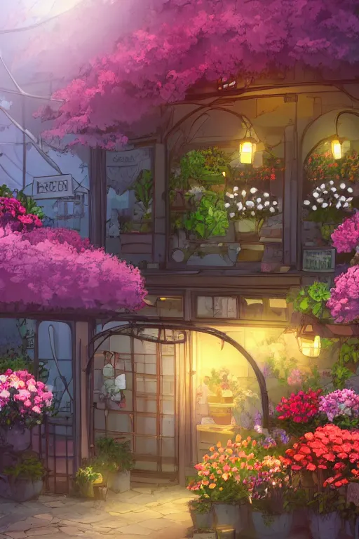 Image similar to a little flower shop's front gate, fresh, digital illustration, pixiv, dramatic lighting