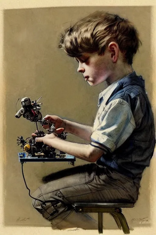 Image similar to (((((1950s a boy working on his robot . muted colors.))))) by Jean-Baptiste Monge !!!!!!!!!!!!!!!!!!!!!!!!!!!