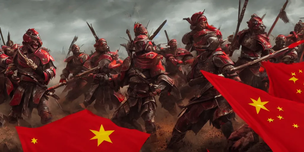 Prompt: mid shot cinematic artwork of a small group of rag tag warriors surrounded by an ancient Chinese army wearing red armor and holding red flags on the battlefield by greg rutowski, masterpiece, 4k