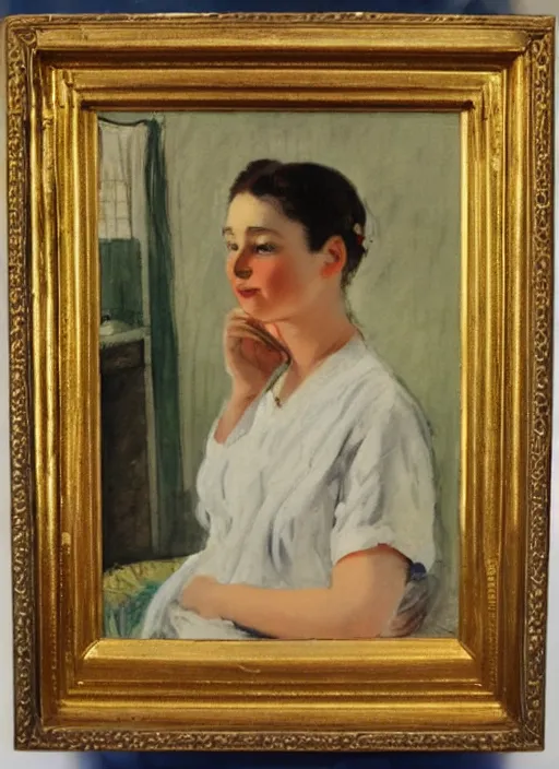 Prompt: vintage beautiful painting of a nurse holding a small sacred glowing box inside of a sanatorium in Mary Cassatt style