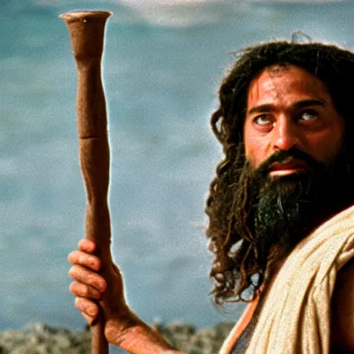 Image similar to Mediterranean man as Moses holding a wooden staff in a movie directed by Steven Spielberg, movie still frame, promotional image, imax 70 mm footage