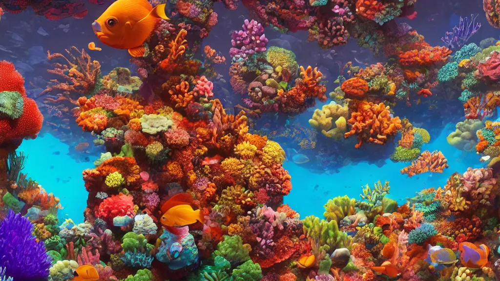 Prompt: first person perspective digital illustration of a vibrant coral reef with colorful flora and tropical fish by industrial light and magic:1|wide angle panoramic by beeple and Roger Dean, viewed from eye level:0.9|fantasy, cinematic:0.9|Unreal Engine, Octane, finalRender, devfiantArt, artstation, artstation HQ, behance, HD, 16k resolution:0.8