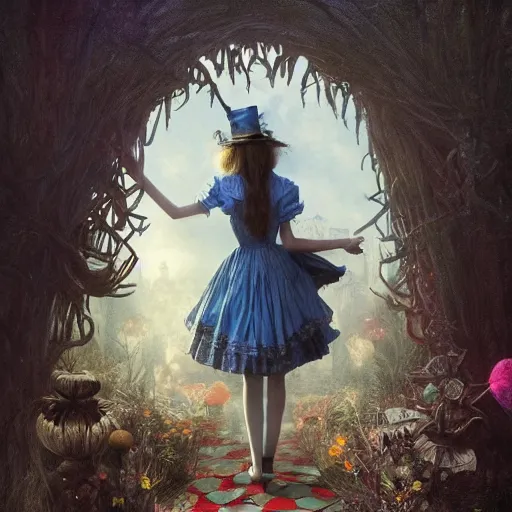 Image similar to Alice in Wonderland at the Dark Carnival, highly detailed, artstation, intricate, smooth, sharp focus, horror, illustration, art by greg rutkowski and orientalism and bouguereau and Zdzislaw Beksinski, good clear quality, lighting, biology, symmetrical artwork, perfect face, 135 mm, cinematic, hyper realism, high detail, octane render, 8k, chrome accents