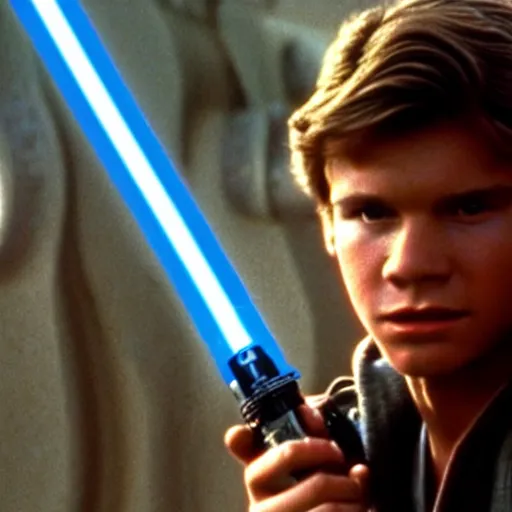 Image similar to A full color still from a film of a teenage Han Solo as a Jedi padawan holding a lightsaber hilt, very cohesive, from The Phantom Menace, directed by Steven Spielberg, 35mm 1990