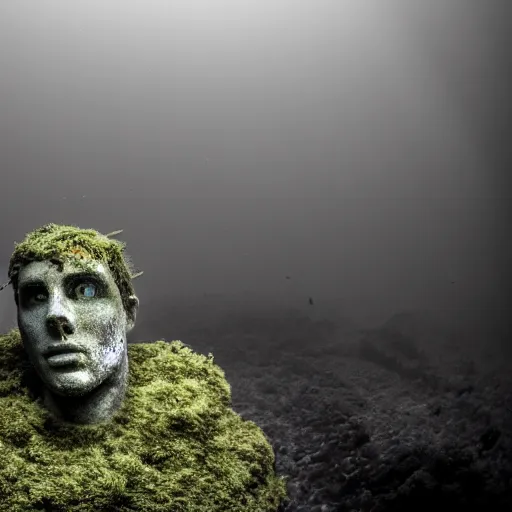 Image similar to Award-winning photograph by Mar Mann. The photo depicts a decaying roman bust of Christiano Ronaldo overgrown with moss at the bottom of the sea in the middle of ruins of civilization. Minimalism, high definition, perfect composition. Deep sea picture. Very dark. Volumetric Lighting. Fish. Darkness. Ruins