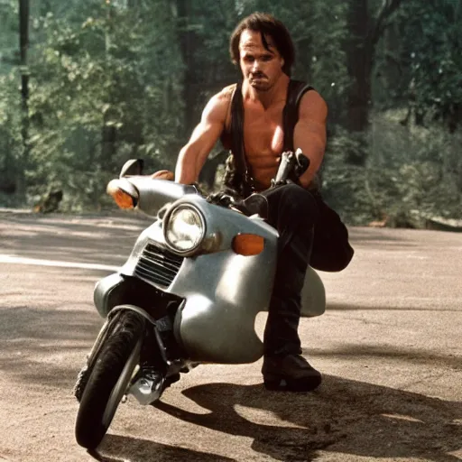 Prompt: rambo from first blood on a kick scooter