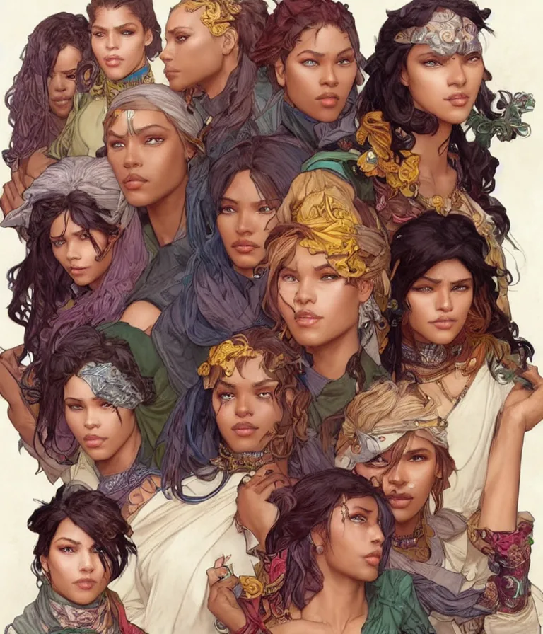 Image similar to a group of female thieves with unique clothes, brown skin, and different hair colours, beautiful, symmetrical facial features, detailed faces, intricate detail, smooth, sharp focus, colourful, arnold rendering, art by artgerm and greg rutkowski and alphonse mucha,