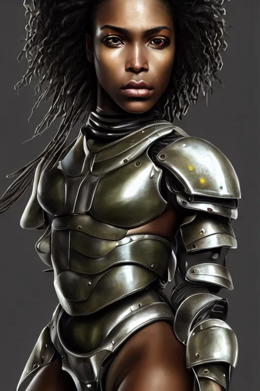 Prompt: a photorealistic painted portrait of an attractive young black girl, partially clothed in metal-plated battle armor, olive skin, long dark hair, flawless skin, beautiful bone structure, perfectly symmetric facial features, perfect photorealistic eyes, natural physique, intricate, elegant, digital painting, concept art, finely detailed, beautifully illustrated, sharp focus, minimal artifacts, from Metal Gear, by Ruan Jia and Mandy Jurgens and Artgerm and William-Adolphe Bouguerea, in the style of Greg Rutkowski, trending on Artstation, award winning art