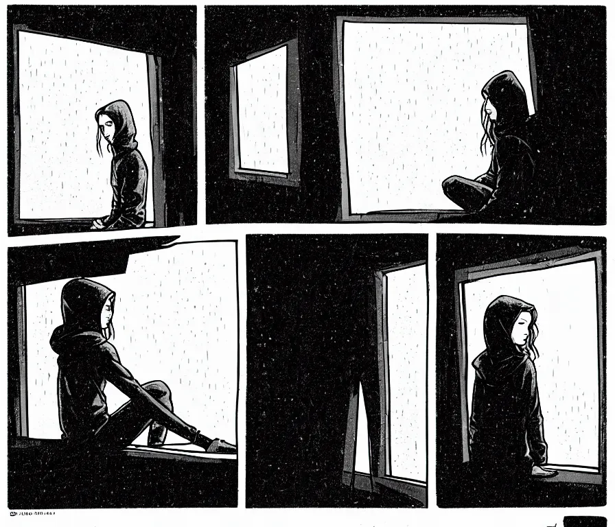 Image similar to sadie sink in hoodie sits on windowsill, knees tucked in | rain falls at night : single storyboard panel, scifi cyberpunk, b & w. by gabriel hardman, joe alves, chris bonura. cinematic atmosphere, detailed and intricate, perfect anatomy