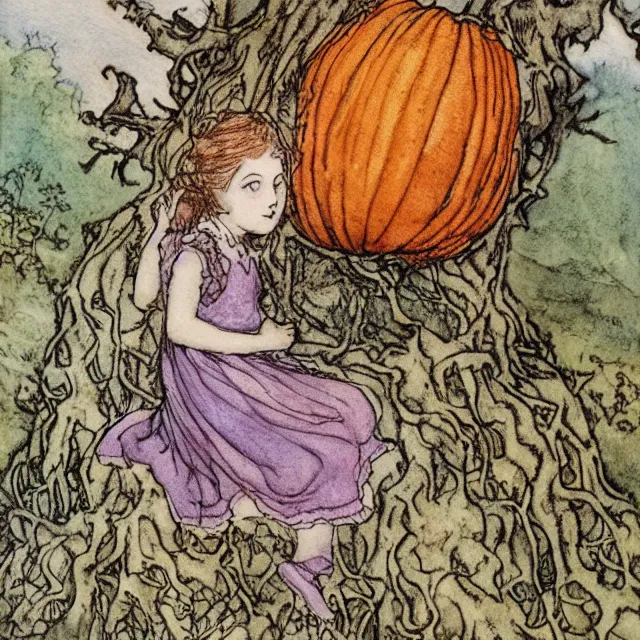 Image similar to a detailed, intricate watercolor and ink illustration with fine lines, of a young girl in a dress climbing a gnarled tree in a pumpkin patch, by arthur rackham and edmund dulac