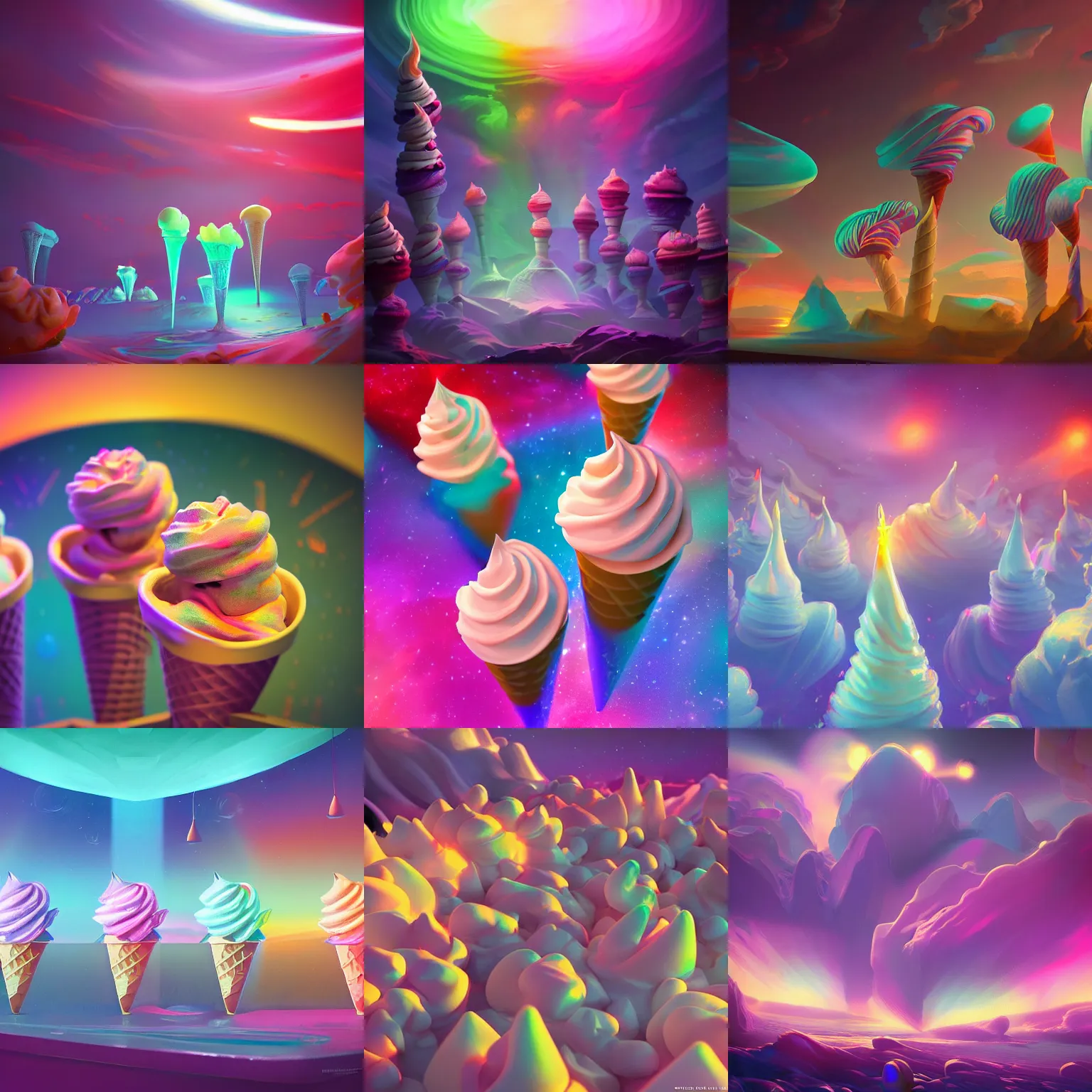 Prompt: soft - serve ice cream cones in a colorful fantasy cosmos, dramatic lighting, cinematic, extremely high detail, photorealistic, cinematic lighting, post processed, concept art, artstation, matte painting, style by greg rutkowsky