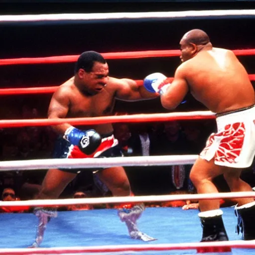 Prompt: danny devito fighting mike tyson in a boxing ring in the 1 9 8 0 s