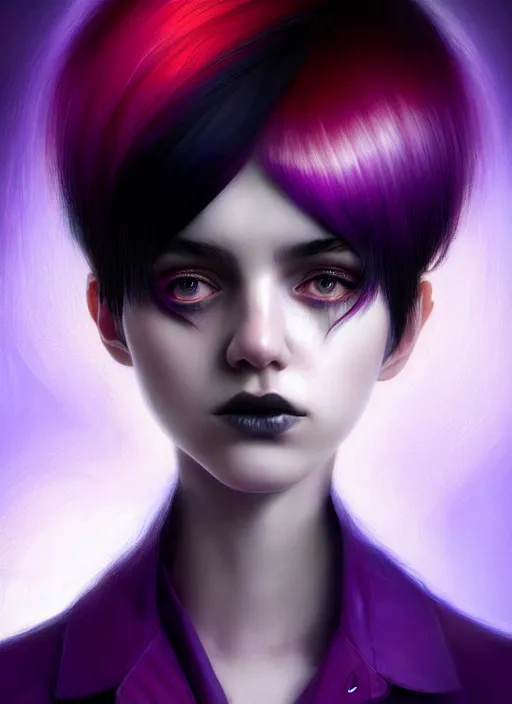 Image similar to hair blackbangs hair, white hair, blackbangs, portrait of teenage girl with white hair, red irises, purple clothes, black bangs, bangs are different color from hair, intricate, elegant, glowing lights, highly detailed, digital painting, artstation, concept art, smooth, sharp focus, illustration, art by wlop, mars ravelo and greg rutkowski