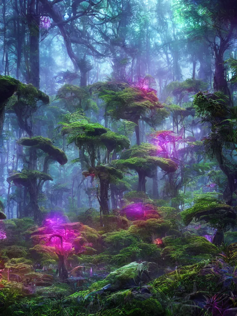 Image similar to a beautiful otherworldly fantasy landscape of a hidden forest with colorful mystical plants and huge psychedelic mushrooms as the trees, rendering, cryengine, vray render, cinema 4 d, cgsociety, bioluminescent