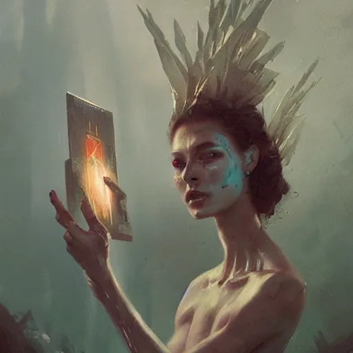 Image similar to a hyperrealistic acrylic painting of a beautiful alien priestess by Greg Rutkowski and WLOP.