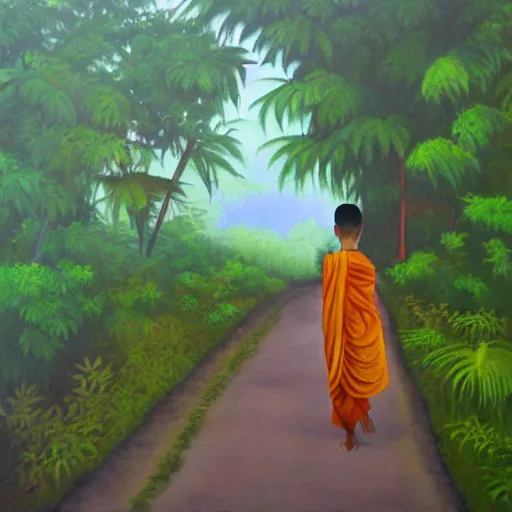 Image similar to painting by richa kashelkar of a young buddhist monk walking down a narrow road in jungle early morning