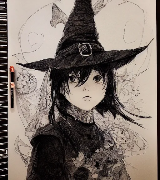 Prompt: portrait of little anime girl wearing witch hat, pen and ink, intricate line drawings, by craig mullins, ruan jia, kentaro miura, greg rutkowski, loundraw