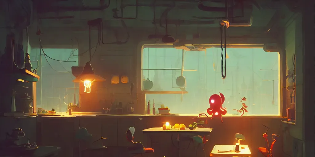 Image similar to cute solitary kitchen dim lit by a candle ripped physique simon stalenhag gerald brom bastien grivet by greg rutkowski game background fisheye lens day of the tentacle