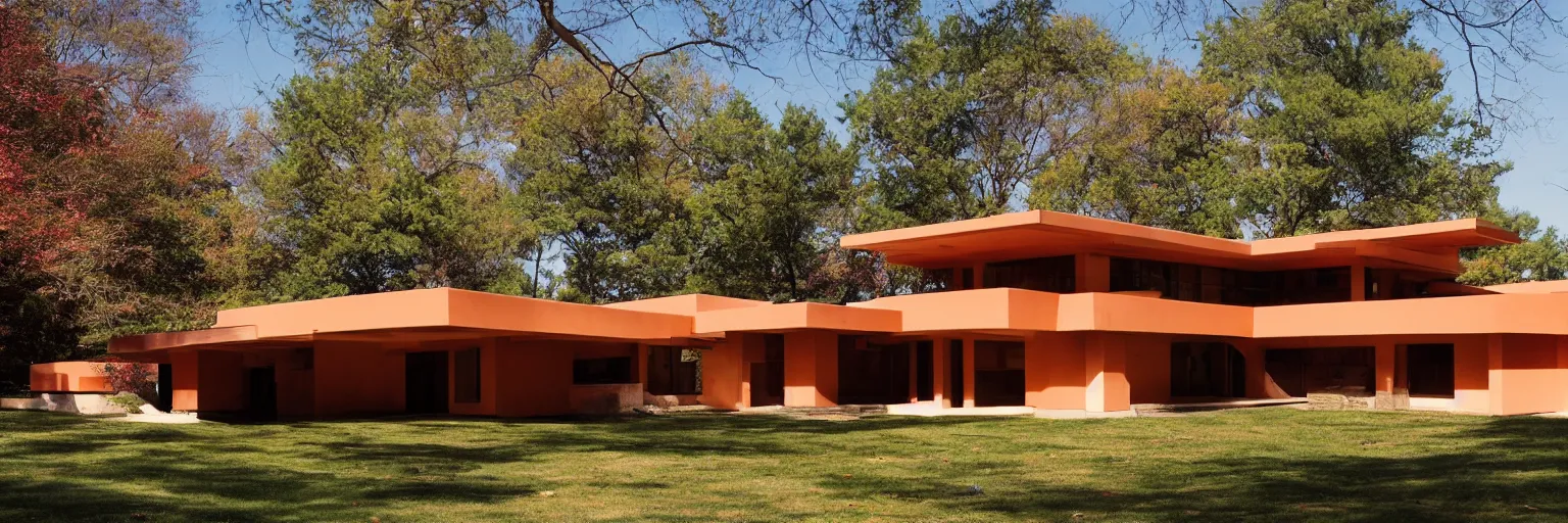 Prompt: midcentury architecture. modernism. warm colors. wide shot. imagined by frank lloyd wright.