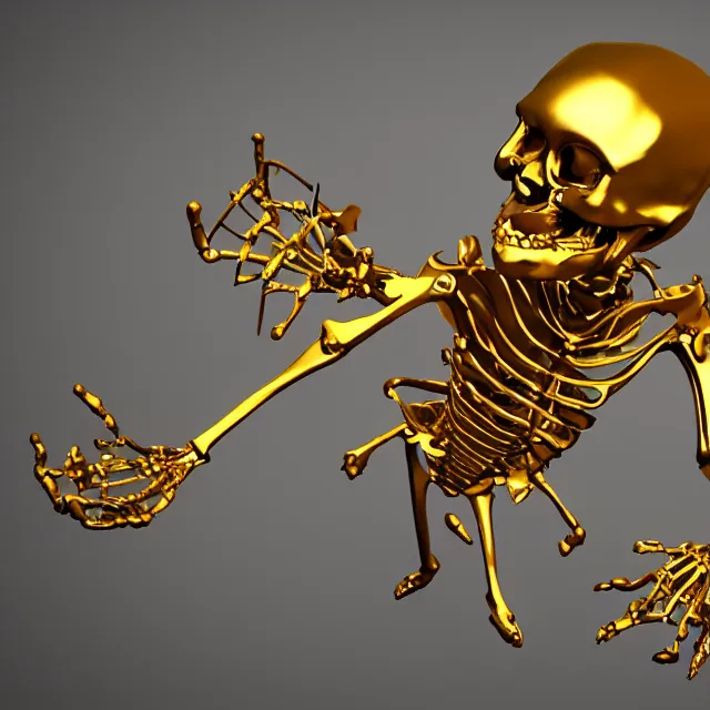 Image similar to golden skeleton fragmented into tiny pieces, 3d render, 4k, artstation