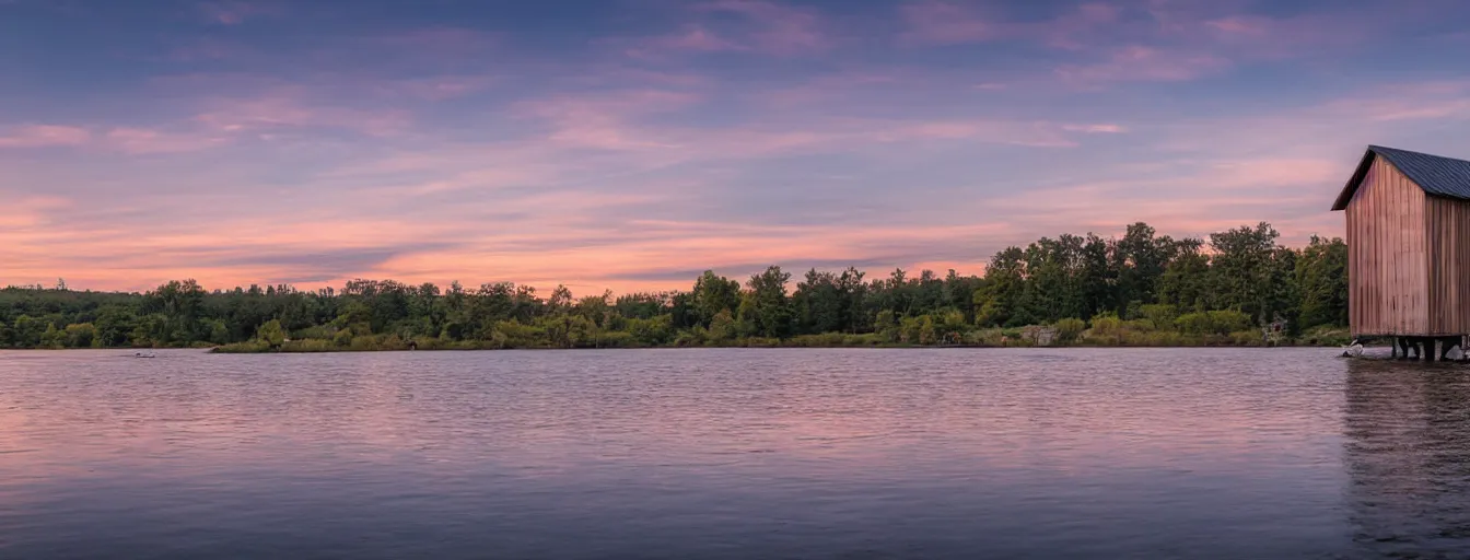 Prompt: a serene landscape with a singular building near a lake at sunset, 8k, low saturation, high quality, high detail