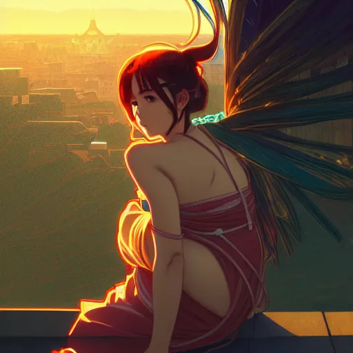 Image similar to digital anime art in the style of netflix arcane, cute female shinobi sitting on an old oriental roof at golden hour, wlop, alphonse mucha, greg rutkowski, ilya kuvshinov, backlit