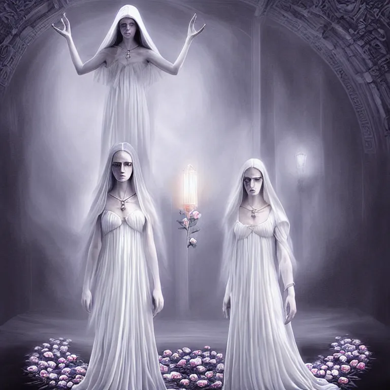 Prompt: professional digital art of wonderful symmetrical goddess with a majestic semi transparent white roses cotton dress, atmospheric light, dramatic lighting, cinematic, painted, intricate, detailed, foreboding, by art by meredit frampton and gregory crewdson, epic, stunning, gorgeous, much wow, cinematic, masterpiece.