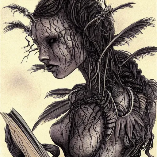 Prompt: detailed illustration of beautiful sad mysterious humanoid alien inhuman species with beautiful human female face, female human torso, reading a book, dark fae, black feather braided hair, feathers growing out of skin, huge wings growing out of arms, transformation, floating in zero gravity on starship, brian froud, tim burton, guillermo del toro, giger, science fiction