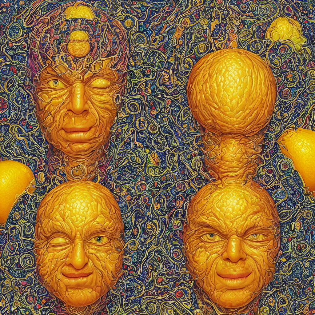 Image similar to Alex Grey painting of a lemon god, highly detailed, symmetrical, trending on artstation