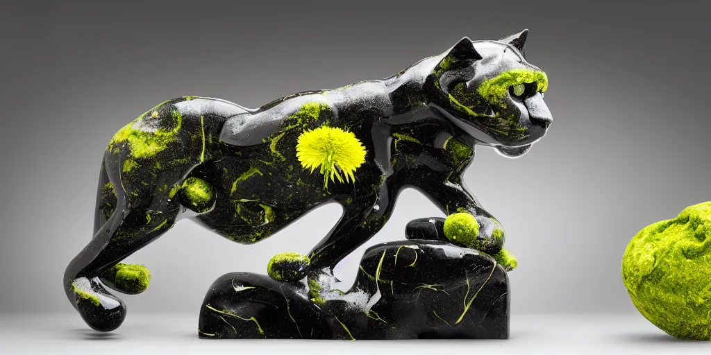 Prompt: abstract panther sculpture created by a mixture of pistachio ice cream, black marble, dandelions and coca cola being thrown around by centrifugal forces, brilliant museum sculpture, award winning photo, 4k