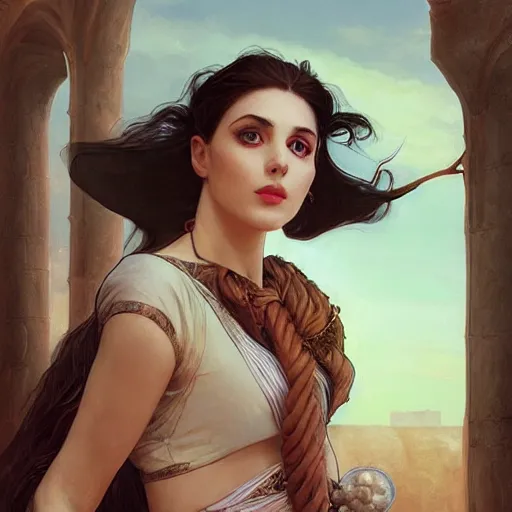 Image similar to A seductive twenty year old Mesopotamian witch in training, fully clothed in a major Mesopotamian city, portrait, highly detailed, digital painting, artstation, concept art, sharp focus, illustration, cinematic lighting, art by artgerm and greg rutkowski and alphonse mucha