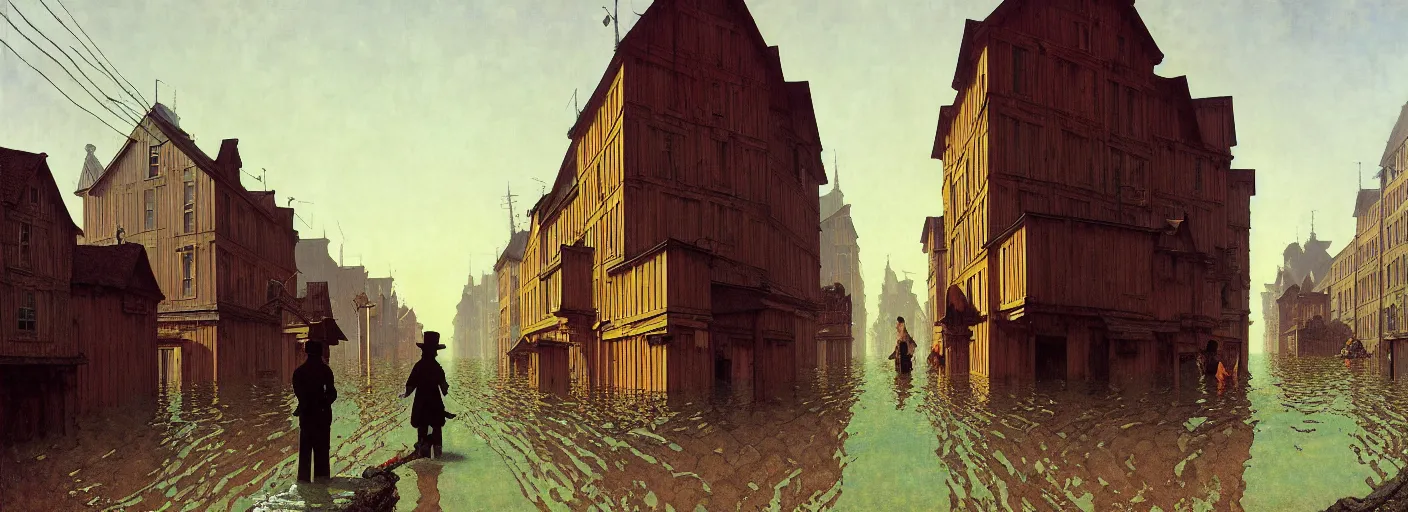Prompt: flooded old wooden city street, very coherent and colorful high contrast masterpiece by norman rockwell rene magritte simon stalenhag carl spitzweg jim burns, full - length view, dark shadows, sunny day, hard lighting, reference sheet white background