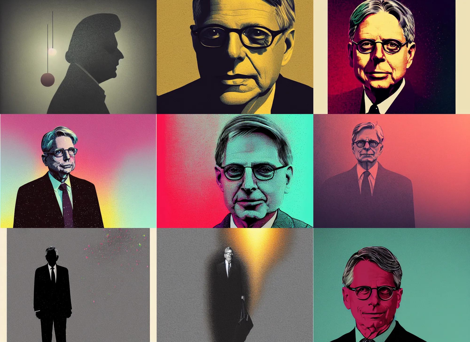 Prompt: illustrated portrait of merrick garland, colorful, modern art deco, mads berg, karolis strautniekas, christopher balaskas, stippled light, moody, fine texture, dramatic lighting, dynamic composition, detailed, matte print, dynamic perspective, muted color, ( ( victo ngai ) ), low fog