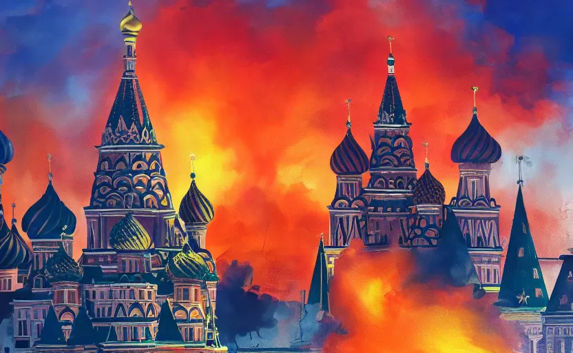 Prompt: Beautiful award winning painting of Moscow on fire with an American flag on top of the Kremlin, extreme detail, trending on artstation 4k ultra HD