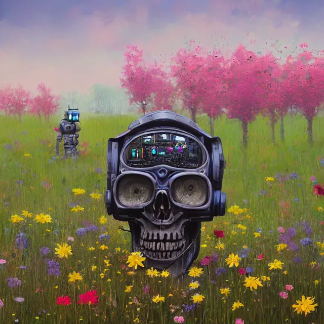 Image similar to a beautiful portrait painting of a cyberpunk robot skull in a field of flowers by simon stalenhag