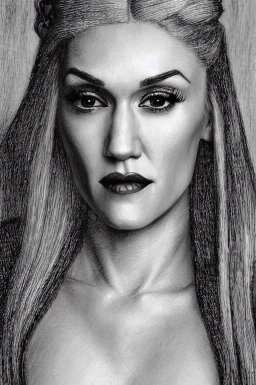 Image similar to a portrait of gwen stefani in the style of leonardo da vinci drawing,, single head, no double head,