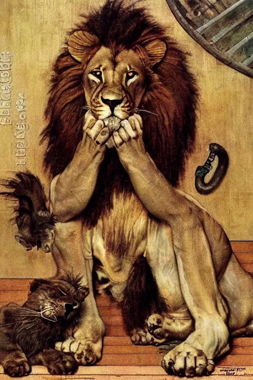 Prompt: a sad lion by norman rockwell