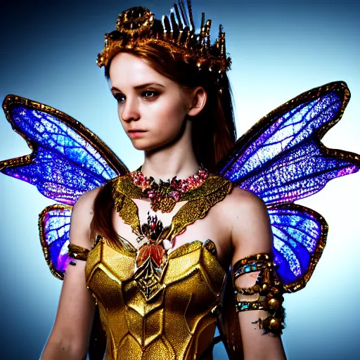 Image similar to photo of a beautiful fairy queen with ornate bejewelled armour, highly detailed, 4k, HDR,