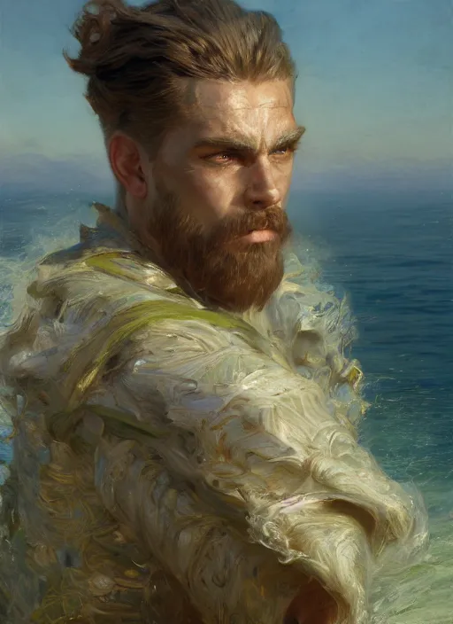 Prompt: detailed cinematic wide shot of muscular attractive young aztecman beard slim face symmetrical face tanskin green eyes white hair wearing sea clothes, ultra realistic, spring light, painting by gaston bussiere, craig mullins, j. c. leyendecker