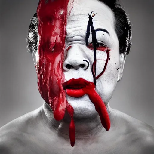 Prompt: clown cried with bloods, realism art by joongwon charles jeong, tjalf sparnaay, gottfried helnwein, roberto bernardi, emanuele dascanio, robin eley, eloy morales