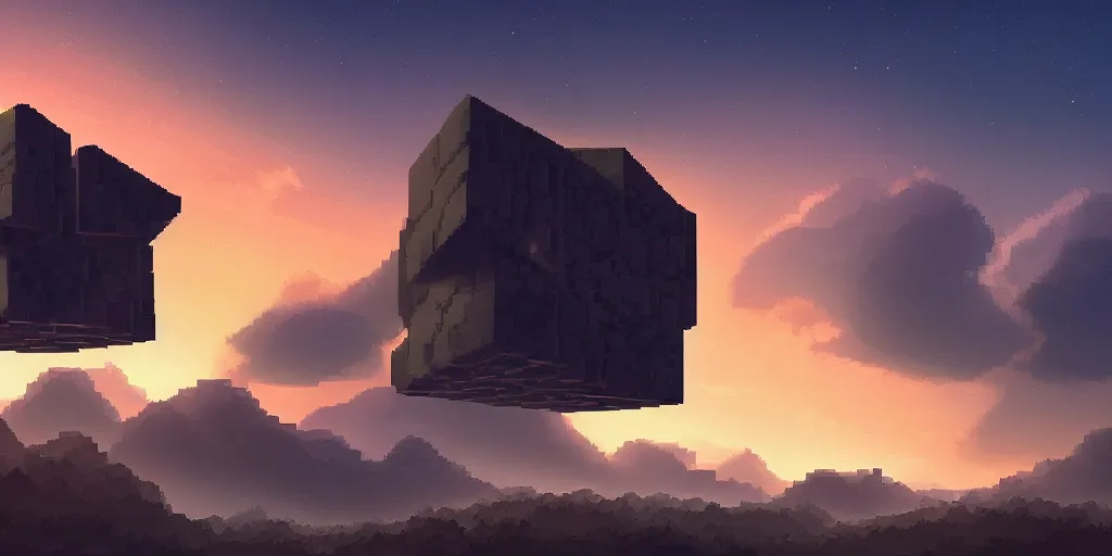 Prompt: pixel art huge black faceted cube ship hangs in the sky over on an alien planet, sci - fi, two suns in the sky, sunset, strange rock formations, rolling hills, atmospheric, misty, artstation, deviantart