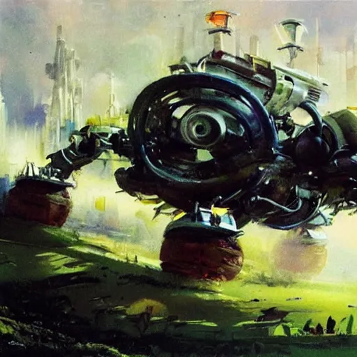 Image similar to a futuristic land walking vehicle with six robot legs and a huge cannon, painting by john berkey