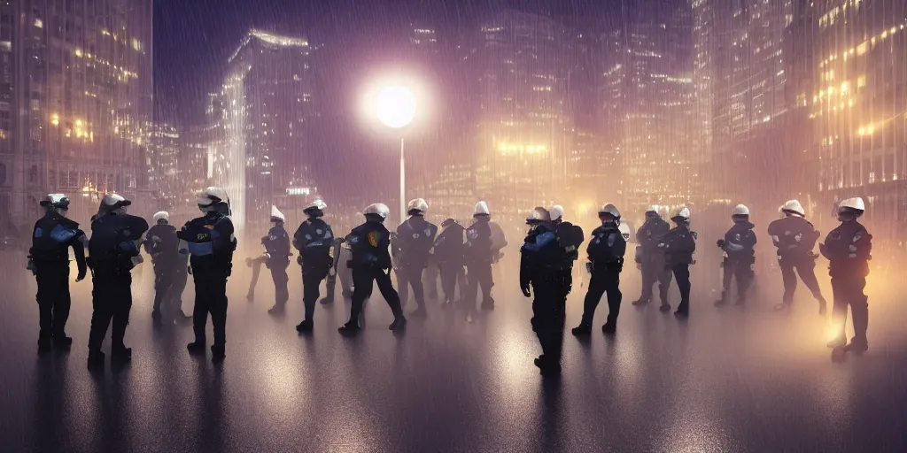 Image similar to policemen protect and guard a huge spiral - shaped luminous object right in the center of the city from protesting people, night, rain and light fog, professional lighting, concept art in 3 d, high detail, professional lighting