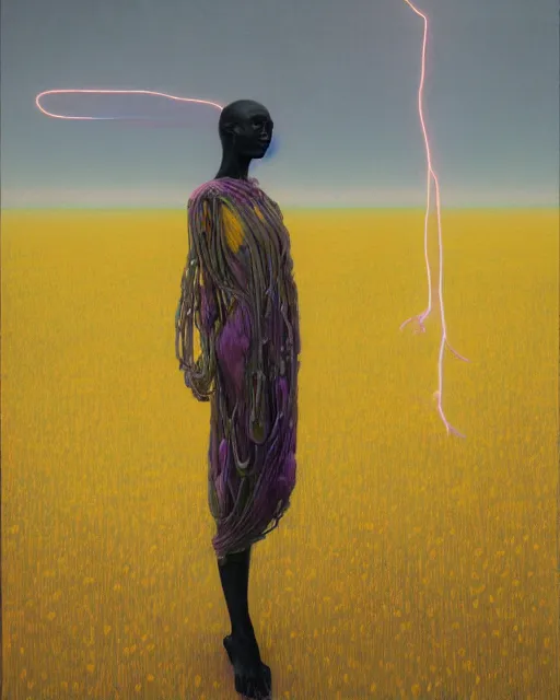 Image similar to A portrait of a woman wearing clothes made out of dying flowers, nuclear explosion in the background, Masterpiece, yellow skin, glowing, wires everywhere, by Edgar Maxence and Ross Tran, Zdzisław Beksiński, and Michael Whelan, distant, gustav dore, H.R. Giger, 8k, octane render