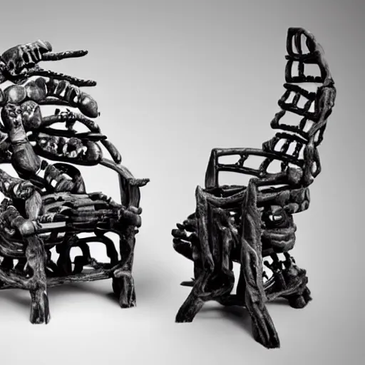 Prompt: a chair made from skulls