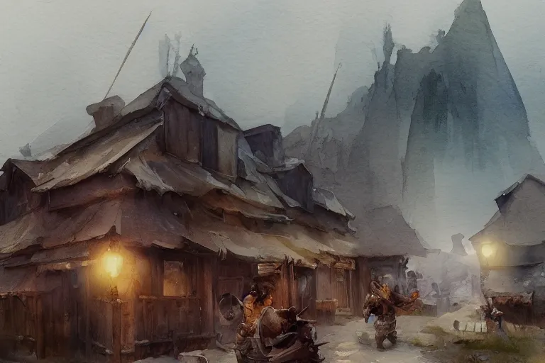 Image similar to small centered on watercolor paper, paint brush strokes, abstract watercolor painting of western viking town, midday sharp light, dust, cinematic light, american romanticism by hans dahl, by jesper ejsing, by anders zorn, by greg rutkowski, by greg manchess, by tyler edlin